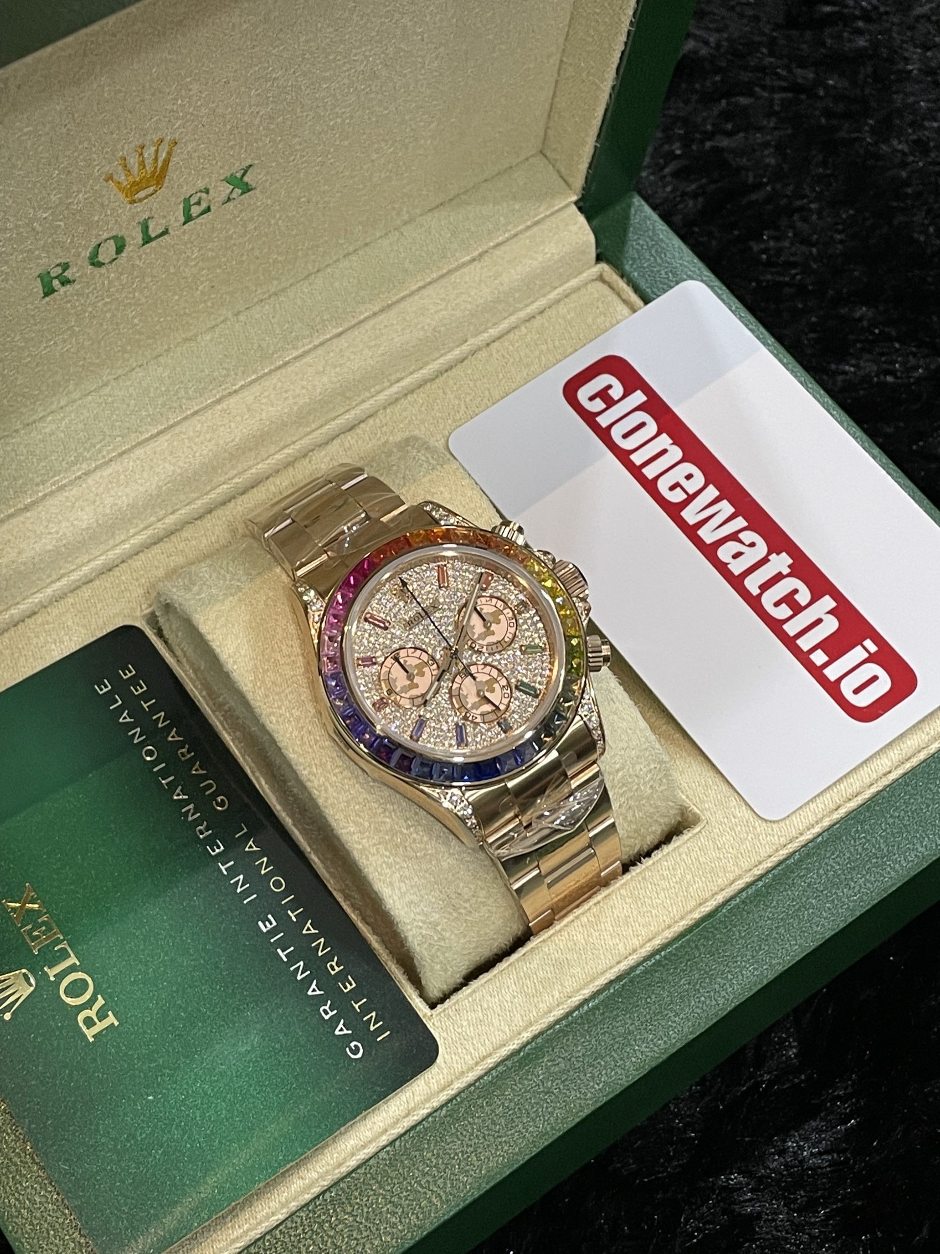 Rolex Daytona Rainbow Iced Out Rose Gold Swiss Movement Super Fake Watch