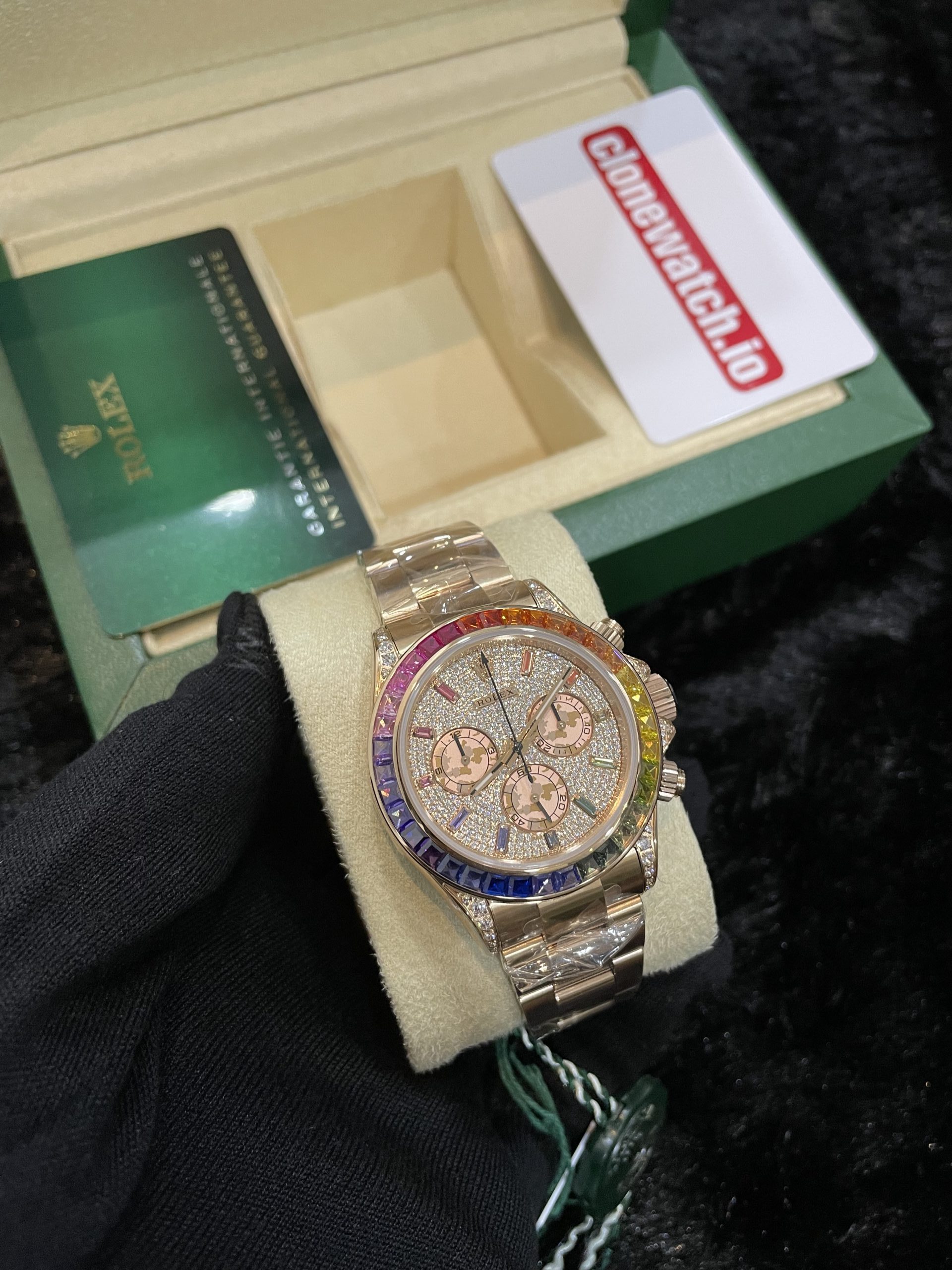 Rolex Daytona Rainbow Iced Out Rose Gold Swiss Movement Super Fake Watch