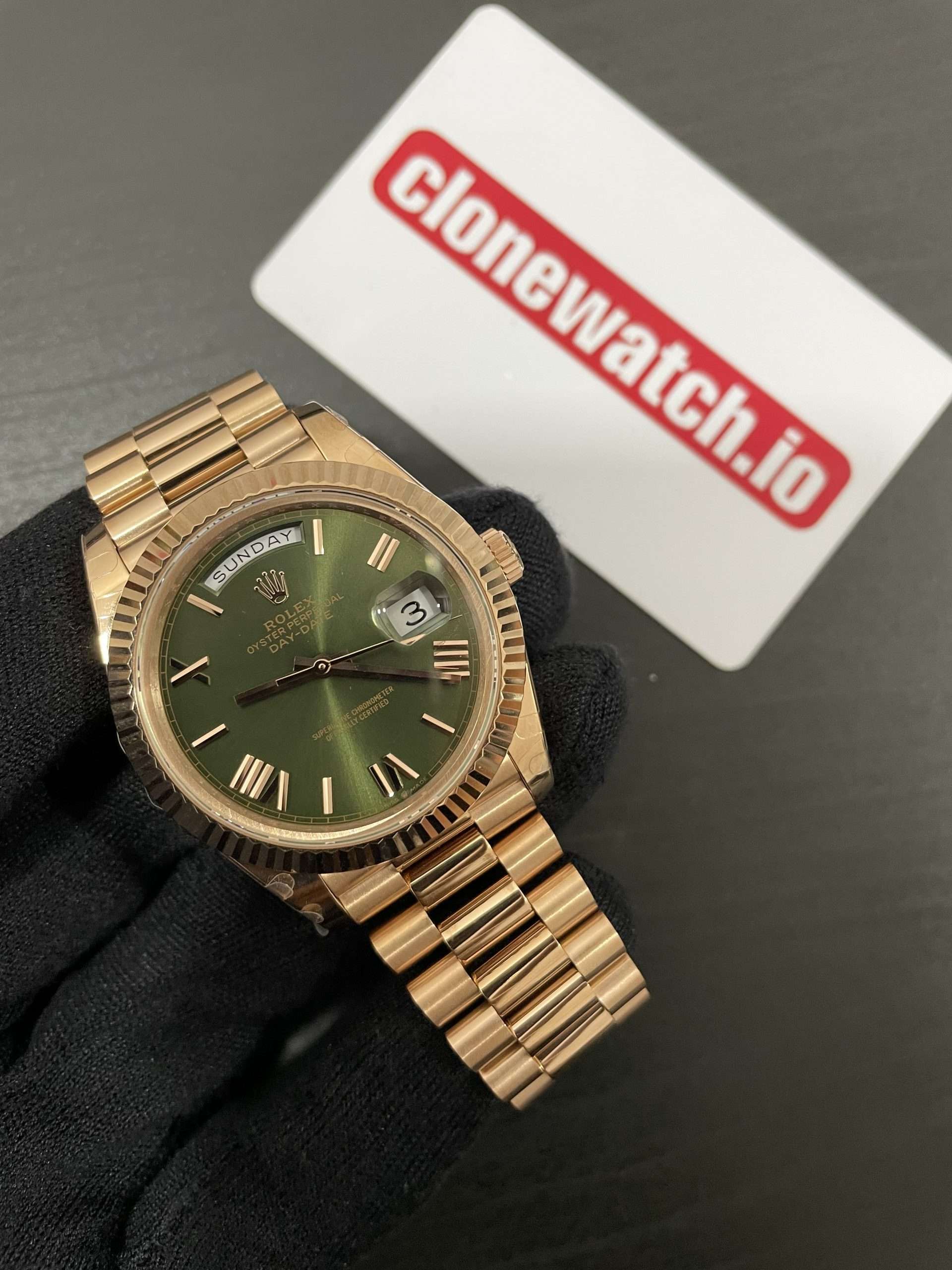 Rolex Day Date 40 Replica Rose Gold Olive Green Dial Swiss 3255 Clone Movement